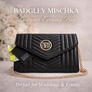 Badgley Mischka Black Quilted Crossbody Clutch Gold Chain Evening Bag NWT